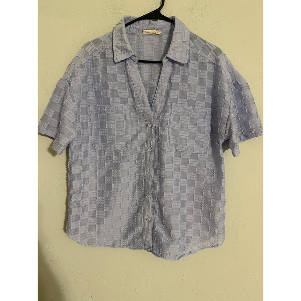 New In Textured Checkerboard Button Down Shirt Periwinkle Blue Short Sleeve M